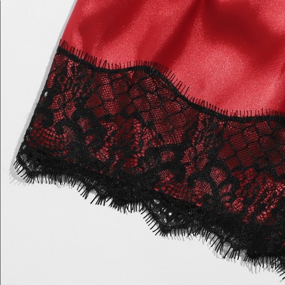 New Red & Black Satin Silk-Like Lace Pajama Set - Picture 3 of 6